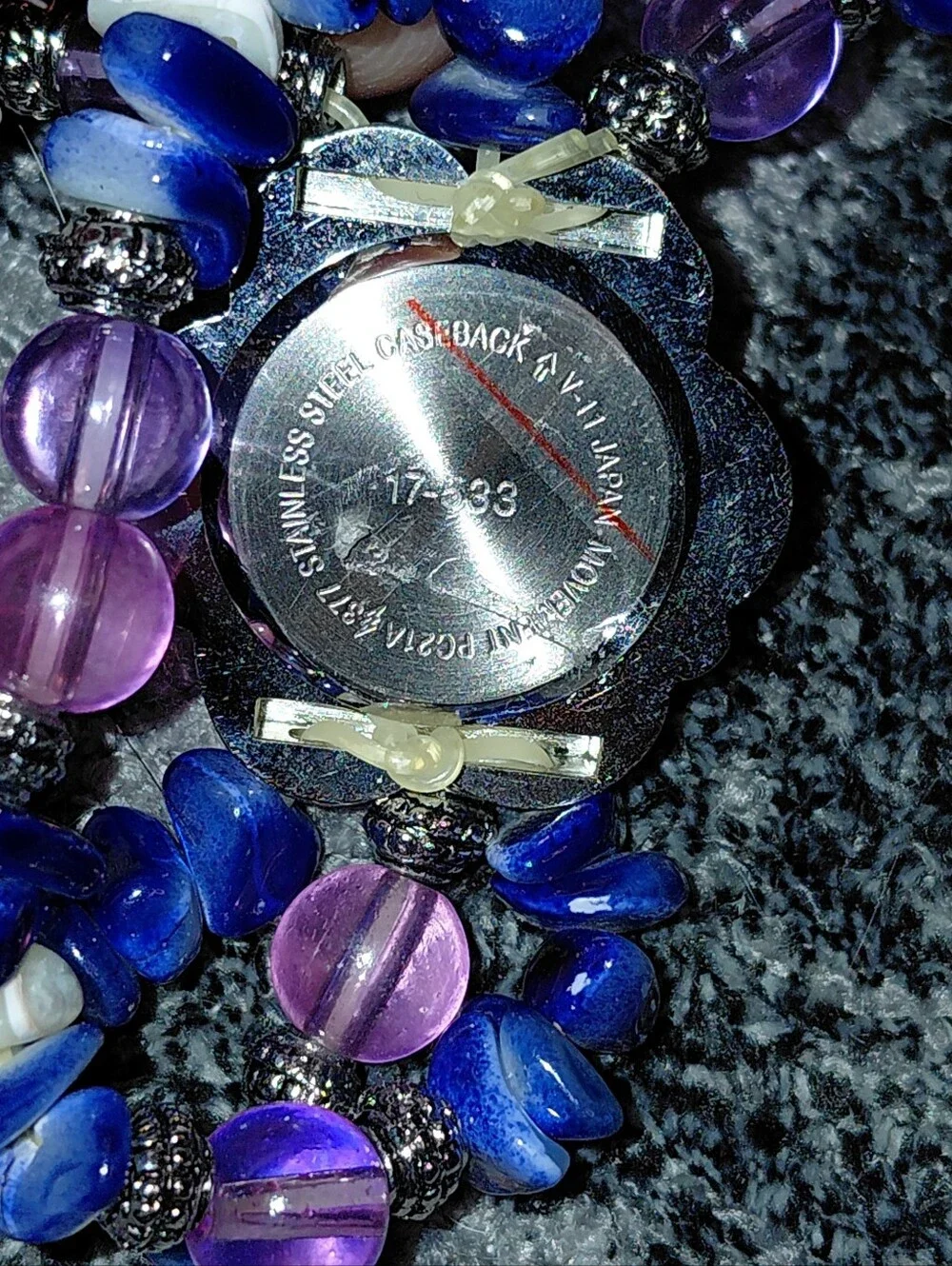 Vintage Boho Beaded Bracelet Watch Blue Stone Pink Glass Silver Floral Quartz CC